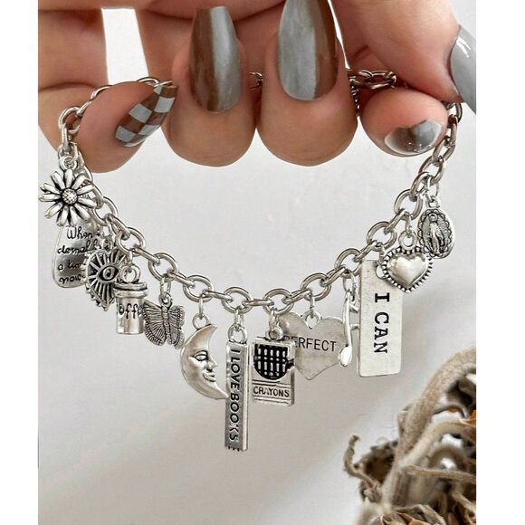 Silver Multi Charm Link Bracelet Adjstbl Pendnt Heart Flowr Buttrfly Coffee Moon - Picture 1 of 7